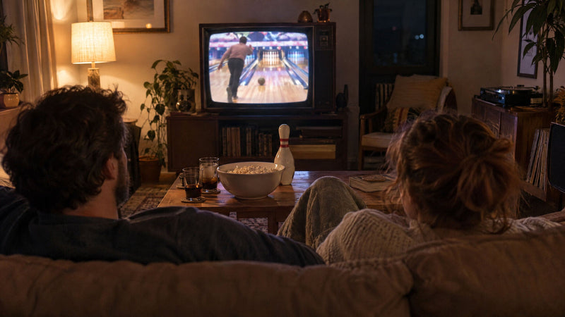To personer i en sofa ser en bowlingscene i et retrofjernsyn, med popcorn og en kegle på sofabordet