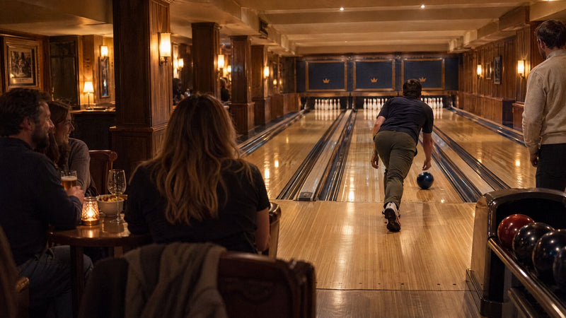 Lille bowlinghal med træpaneler, gæster ved bordene og en bowler på banen
