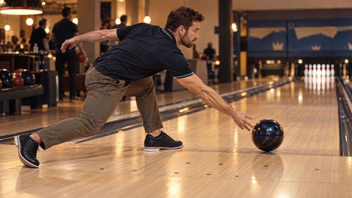 Bowler in BOWLIO Nero bowling shoes in a deep slide at the foul line