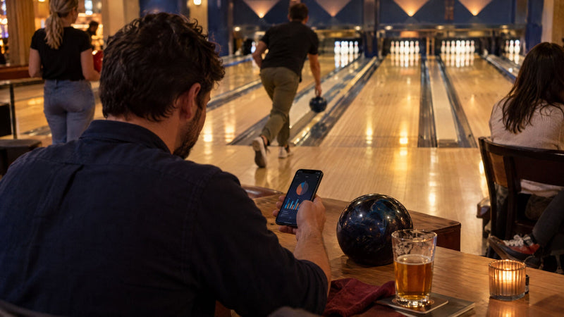 En bowler ved bordet ser et diagram på sin smartphone, mens en anden spiller bowler
