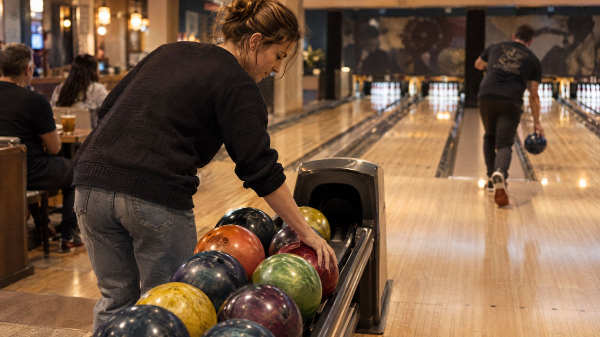 Woman choosing a ball from the ball return in a bowling center
