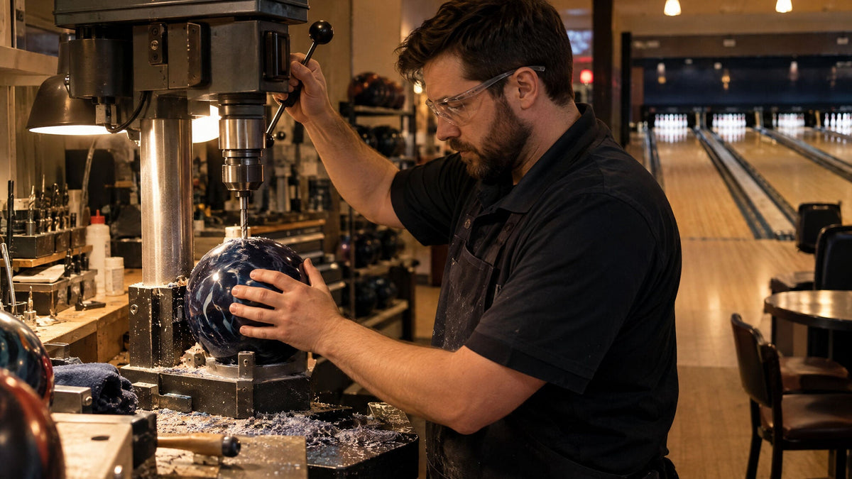 Pro shop technician with safety glasses drilling a bowling ball on a drill press