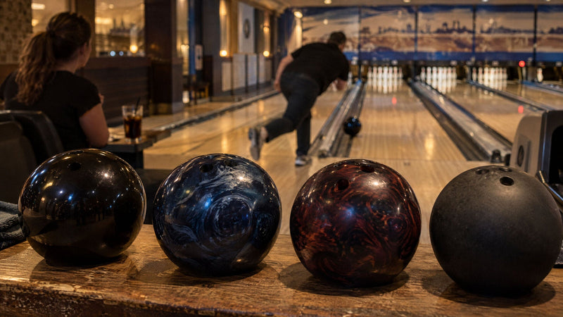 Vier Bowlingkugeln mit unterschiedlichen Oberflächen in einer Reihe, dahinter ein Bowler auf der Bahn