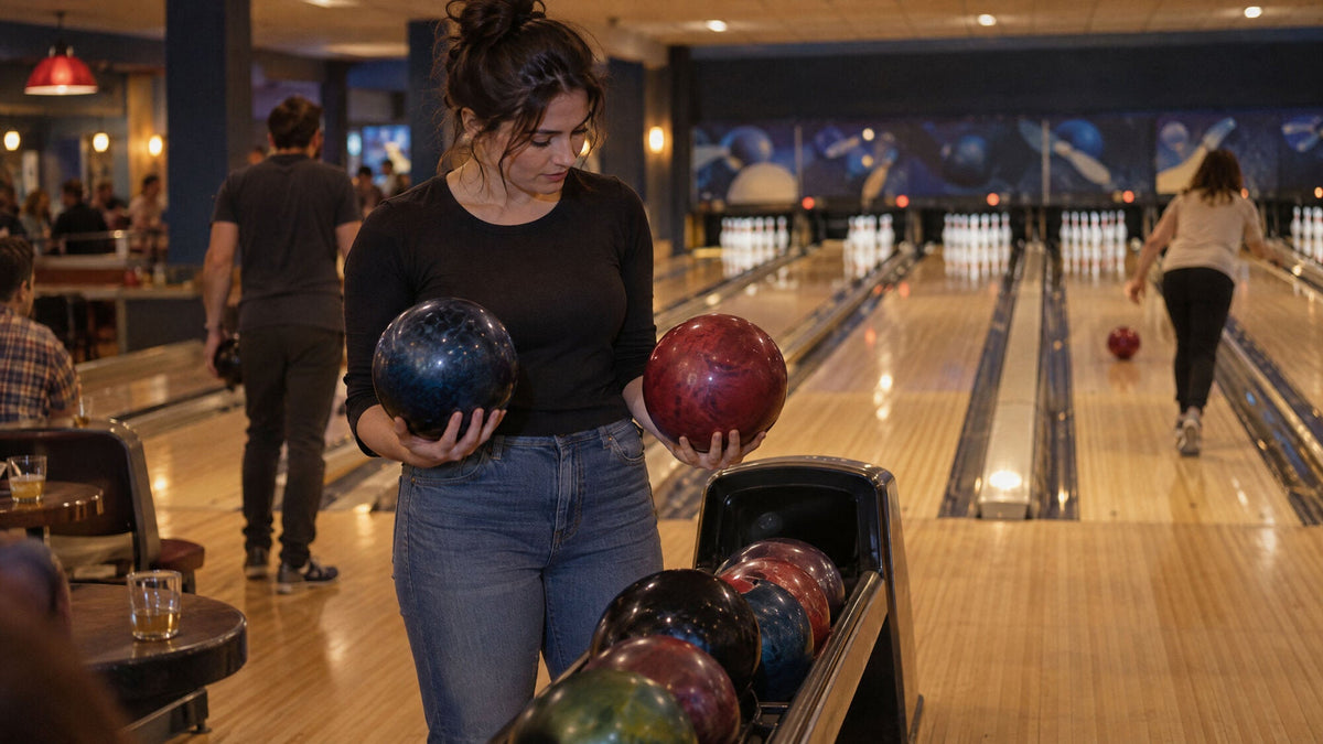 Woman holding two house balls of different weights at the ball return
