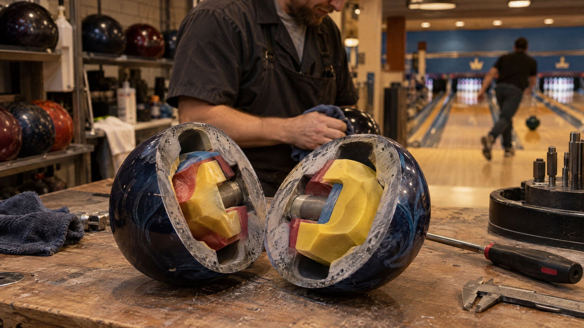Bowling ball cut in half on a workbench, showing its inner core