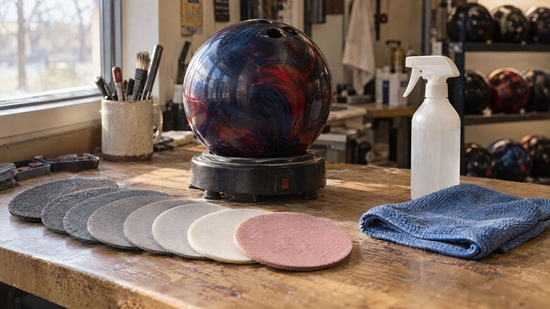 Bowlingkugel auf einem Ball Spinner mit Schleifpads in abgestuften Körnungen auf einer Werkbank