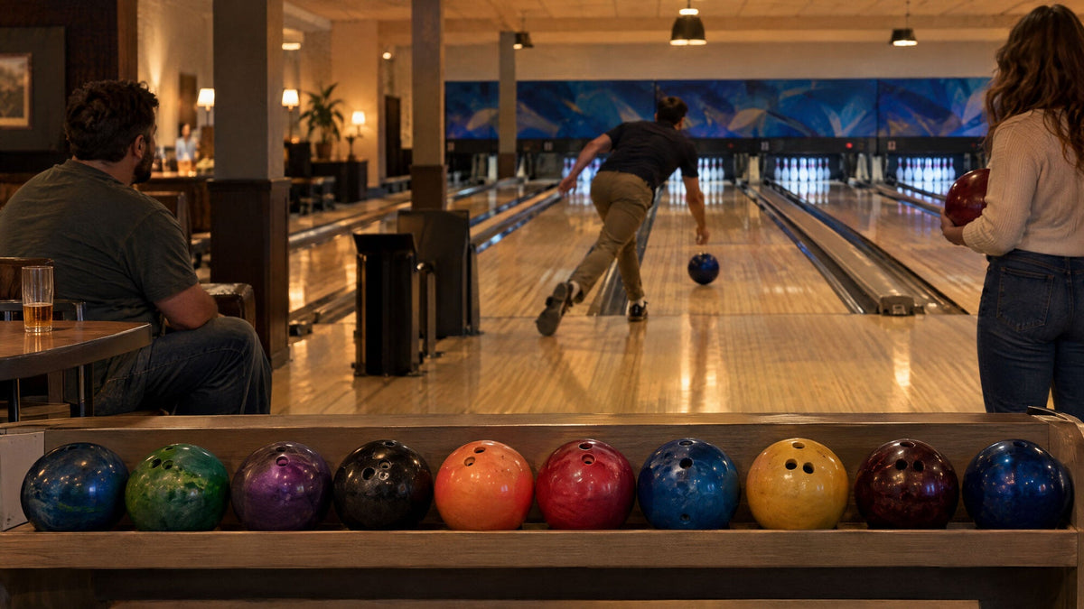 Række af forskellige bowlingkugler på en hylde, en bowler på banen i baggrunden
