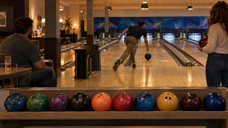 Reihe verschiedener Bowlingkugeln in einem Regal, im Hintergrund ein Bowler auf der Bahn