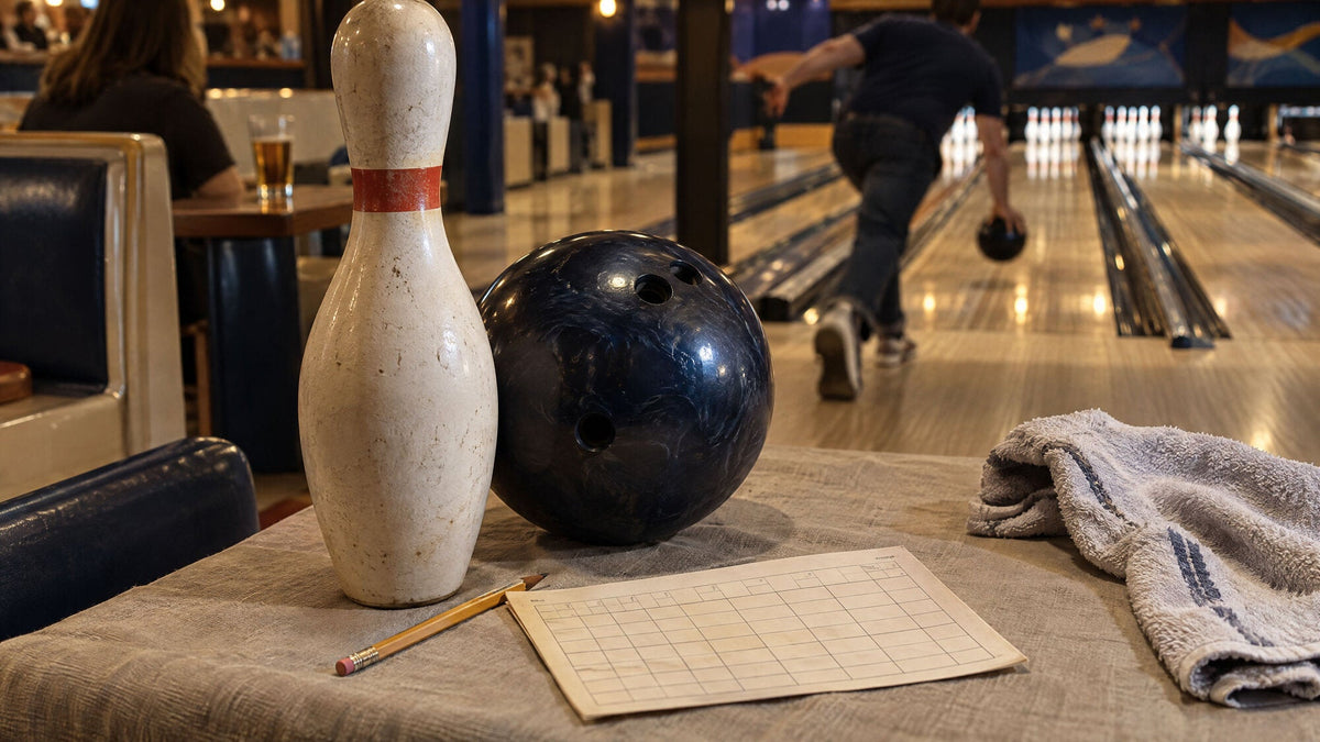 Bowling pin, bowling ball, pencil and paper score sheet on a table in a bowling center