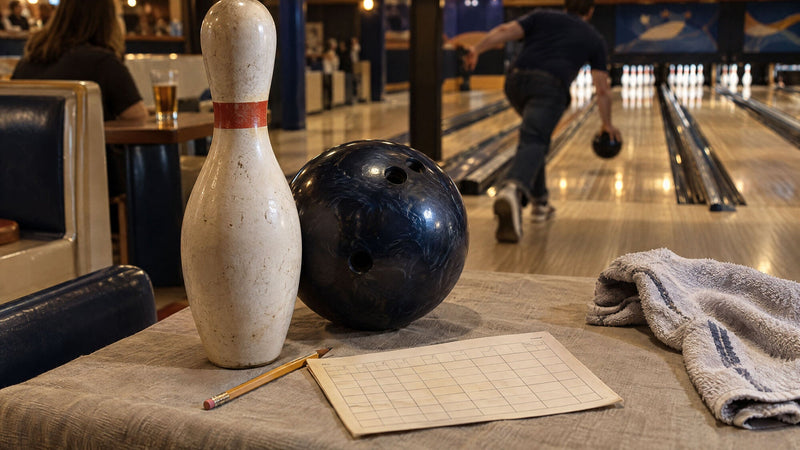 Kegle, bowlingkugle, blyant og pointseddel på et bord i en bowlinghal