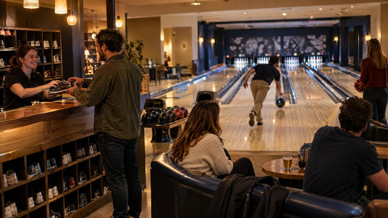 Bowlinghal med skoskranke, gæster ved bordene og en bowler på banen