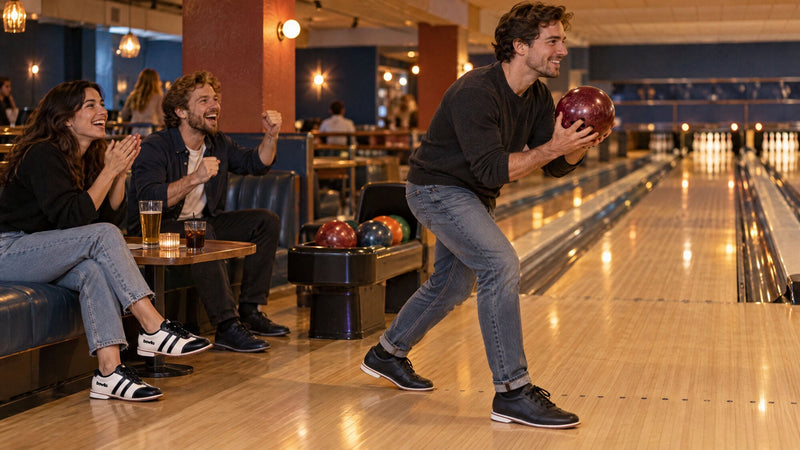 Venner hepper fra siddeområdet, mens en nybegynder i BOWLIO Nero bowlingsko gør sig klar til at bowle