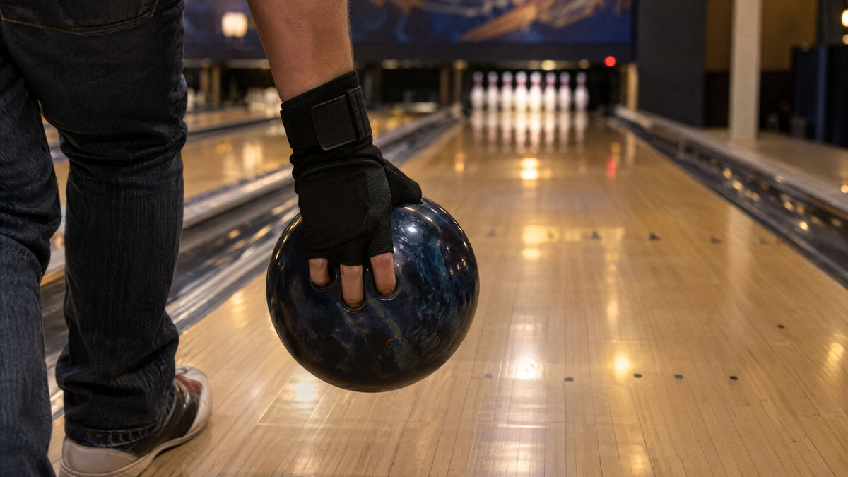Hand in a black bowling glove with wrist support holding a bowling ball above the lane