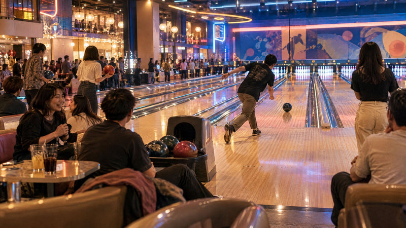 Travl bowlinghal i Japan med farverig belysning og mange gæster