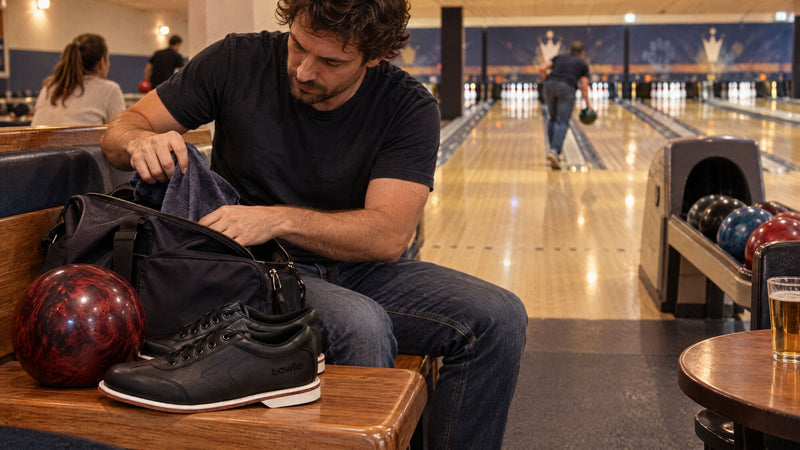 Bowler pakker sin taske ud på en bænk, med BOWLIO Nero bowlingsko og en kugle ved siden af