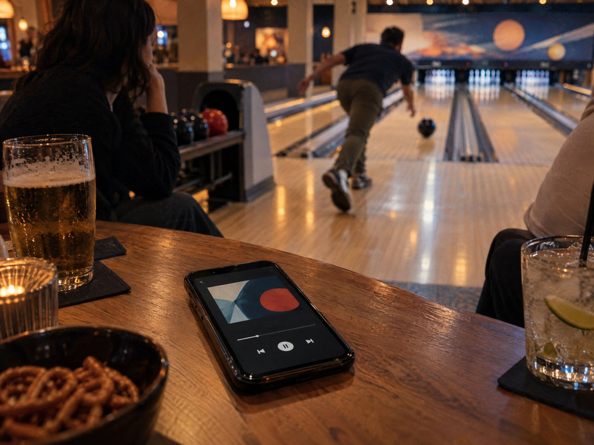 Smartphone afspiller musik på et bord ved siden af drinks og snacks