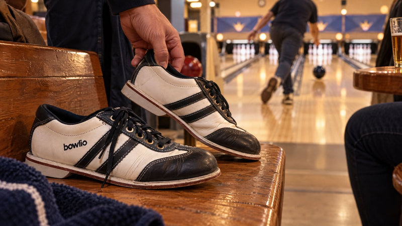 Hand lifting a black and white BOWLIO Torino bowling shoe from a wooden bench, a bowler on the lane behind