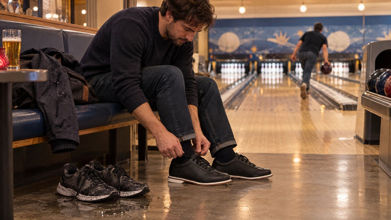 Man changing into black bowling shoes on a bench, with his wet street shoes beside him