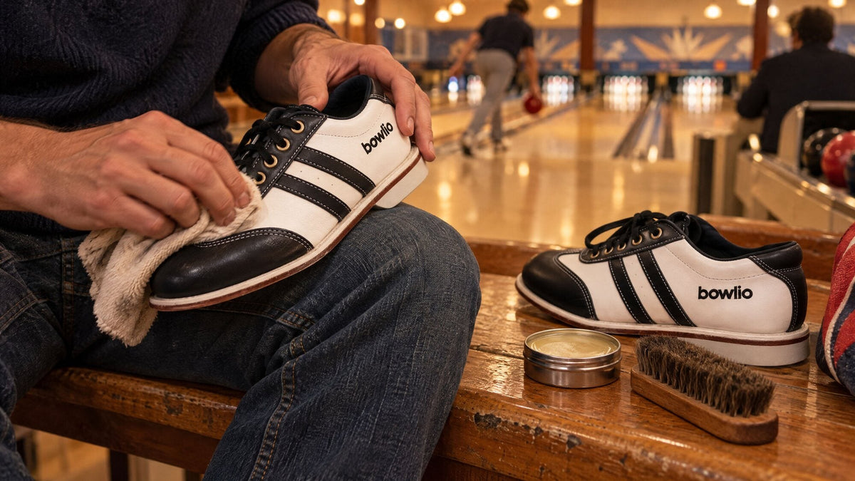 Hands applying leather balm to a BOWLIO Torino bowling shoe on a bench in a bowling center
