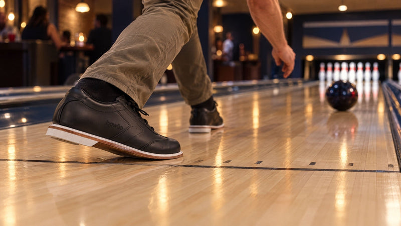 Bowler in black bowling shoes sliding into the release as the ball rolls towards the pins