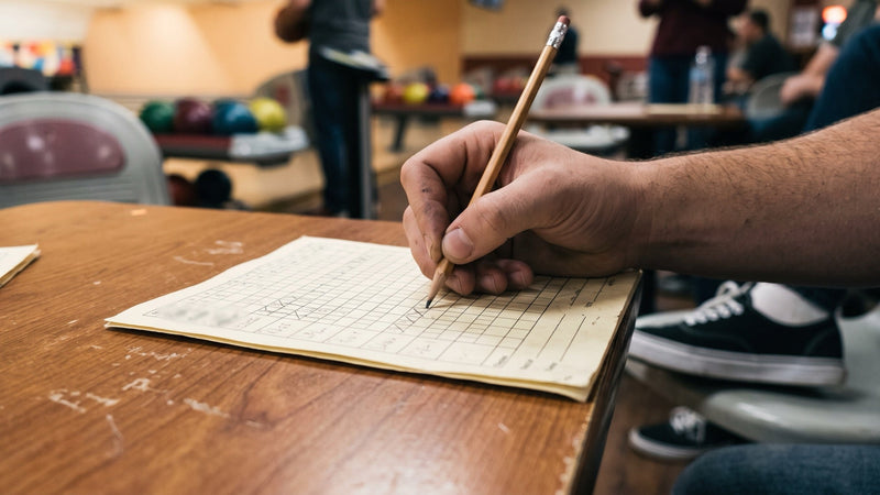 Hand filling in a paper bowling score sheet with a pencil