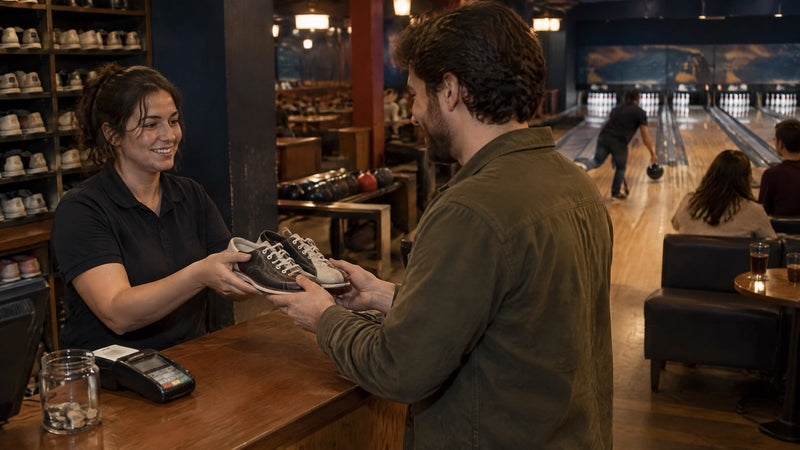 Staff member at a bowling center counter handing a pair of rental shoes to a guest