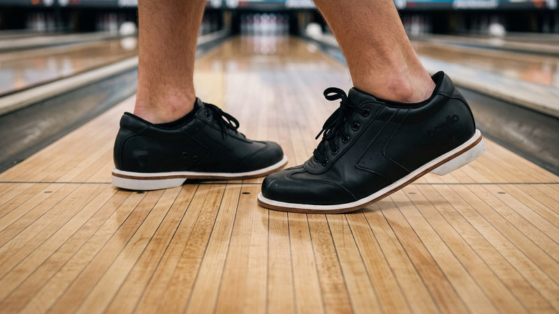 Feet in black bowling shoes standing on the approach of a bowling lane