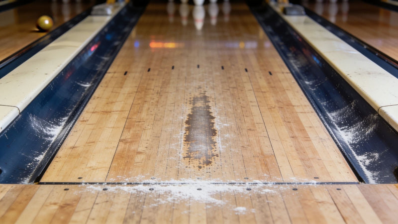 Close-up of a wooden bowling lane at the foul line with a worn patch and traces of powder, pins in the background