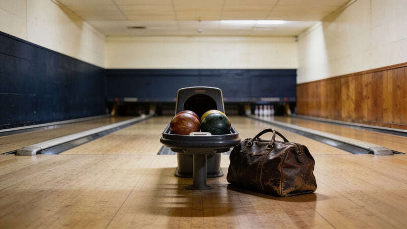 Worn leather bowling bag next to a ball return with two bowling balls