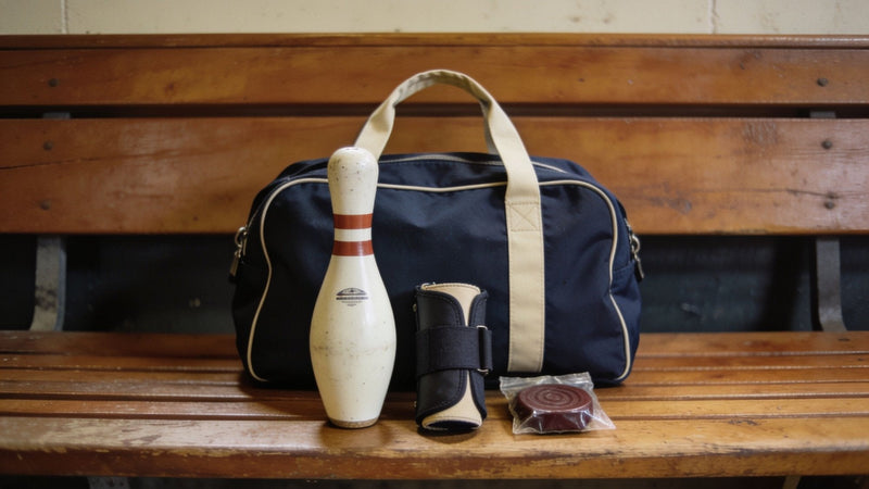 Bowling bag, a bowling pin, a wrist support and a small packaged accessory on a wooden bench
