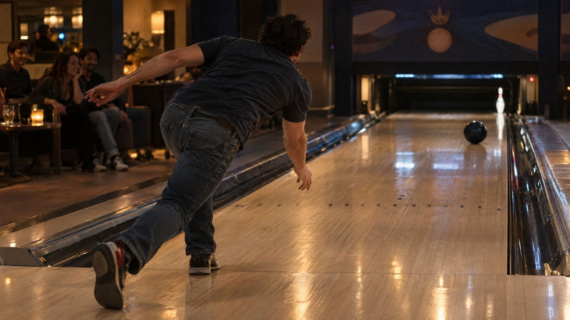 Bowler on the approach after the release, the ball rolling toward a single pin on the right