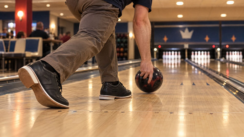 Jobbkezes játékos a golyó elengedésekor a bal lábán csúszik, BOWLIO Nero bowlingcipőben
