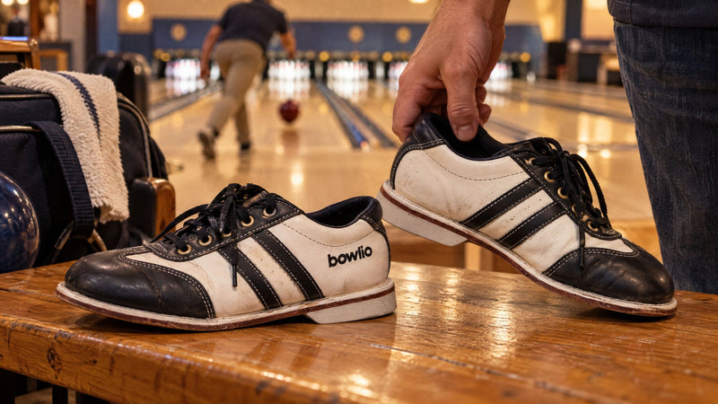 Slidt par BOWLIO Torino bowlingsko på en bænk, den ene løftet med hånden