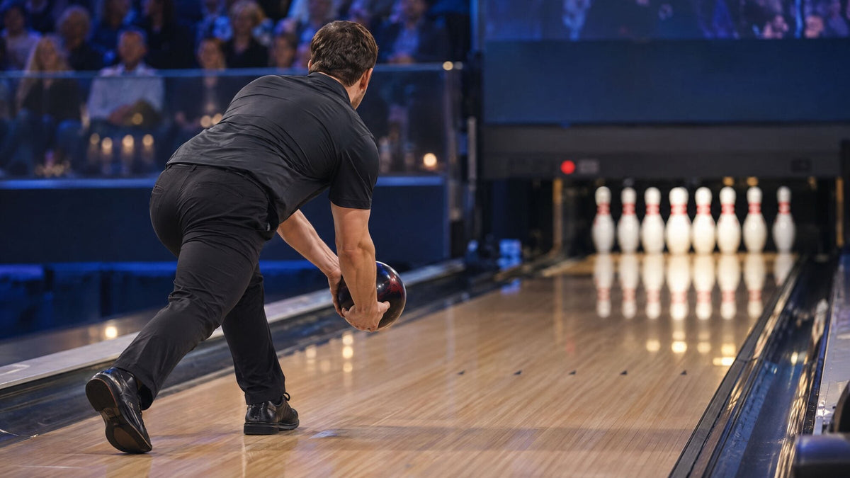 Bowler mit beidhändigem Abwurf bei einem im Fernsehen übertragenen Turnier, von hinten gesehen