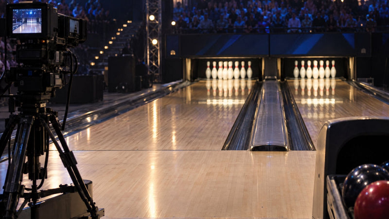 TV camera beside two tournament lanes, with a full grandstand behind the pins