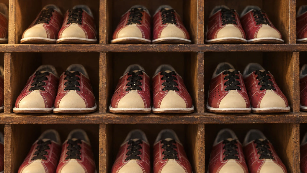 Rental shoes on the shelves of a bowling center