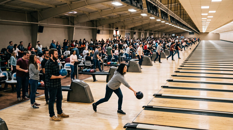 Huge bowling hall with dozens of lanes, bowlers and spectators