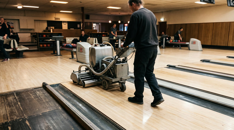 Medarbejder med en banemaskine på en bowlingbane