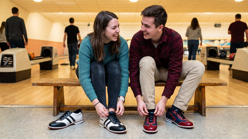 Laughing couple on a bench in a bowling center putting on bowling shoes: BOWLIO Torino in black and white and BOWLIO Verona in navy and red