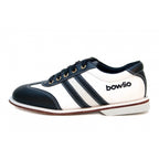 Bowlio Torino, chaussure de bowling en cuir noir et blanc, vue de profil côté extérieur avec logo
