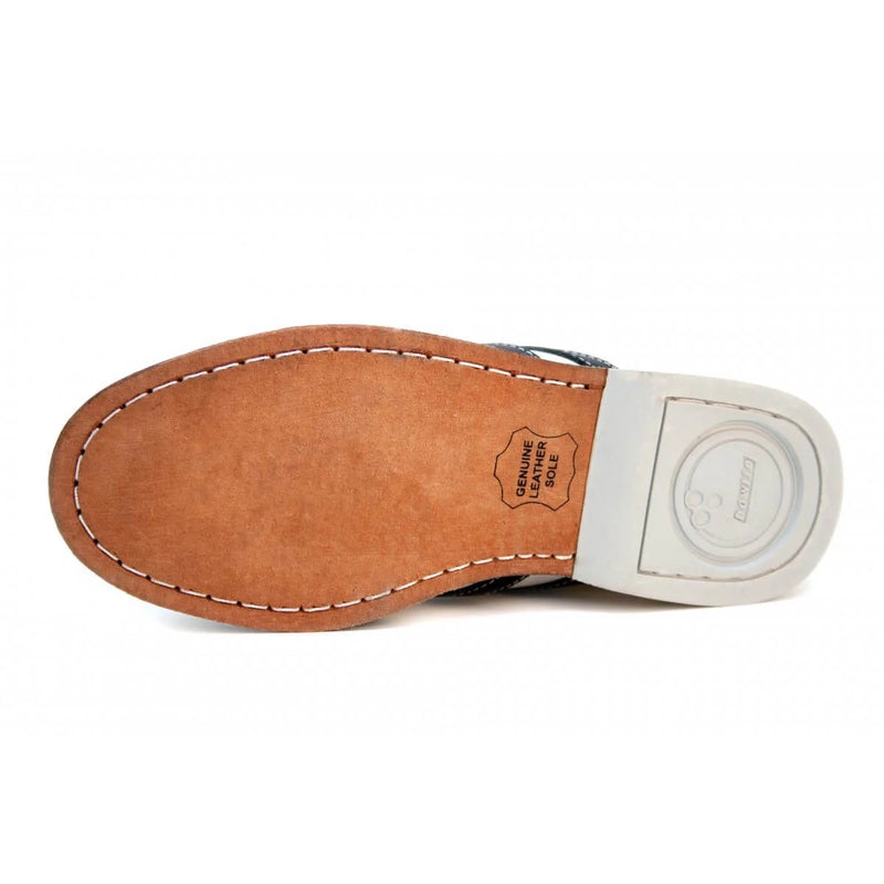 Bowlio Torino vu de dessous : semelle intégrale en cuir et talon blanc avec logo BOWLIO en relief