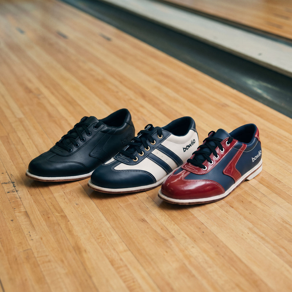 Bowlio Nero, Torino and Verona bowling shoes on a bowling lane