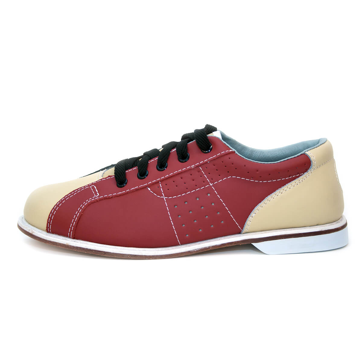 Zapato de bowling de alquiler BOWLIO de piel roja y beige con cordones, otro lado