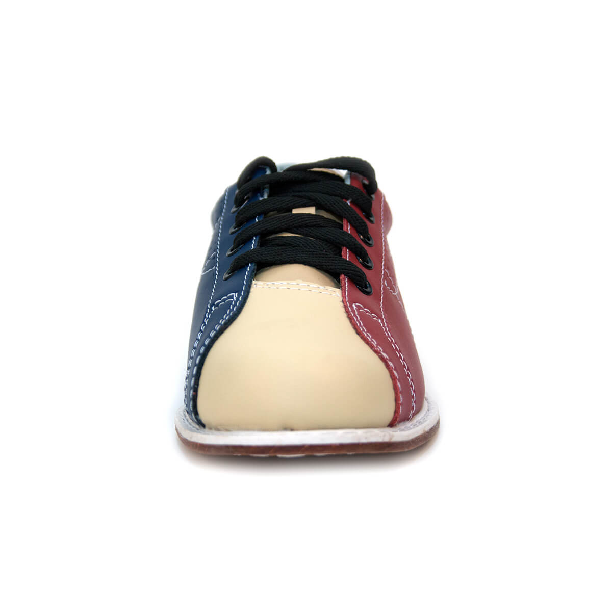 Zapato de bowling de alquiler BOWLIO de piel azul marino y beige, vista frontal