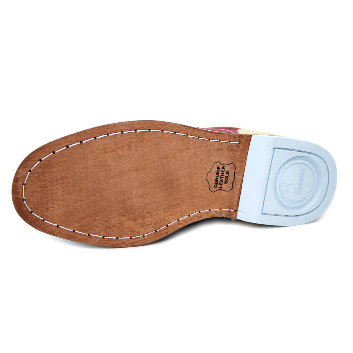 Suela de cuero y tacón blanco de un zapato de bowling de alquiler BOWLIO
