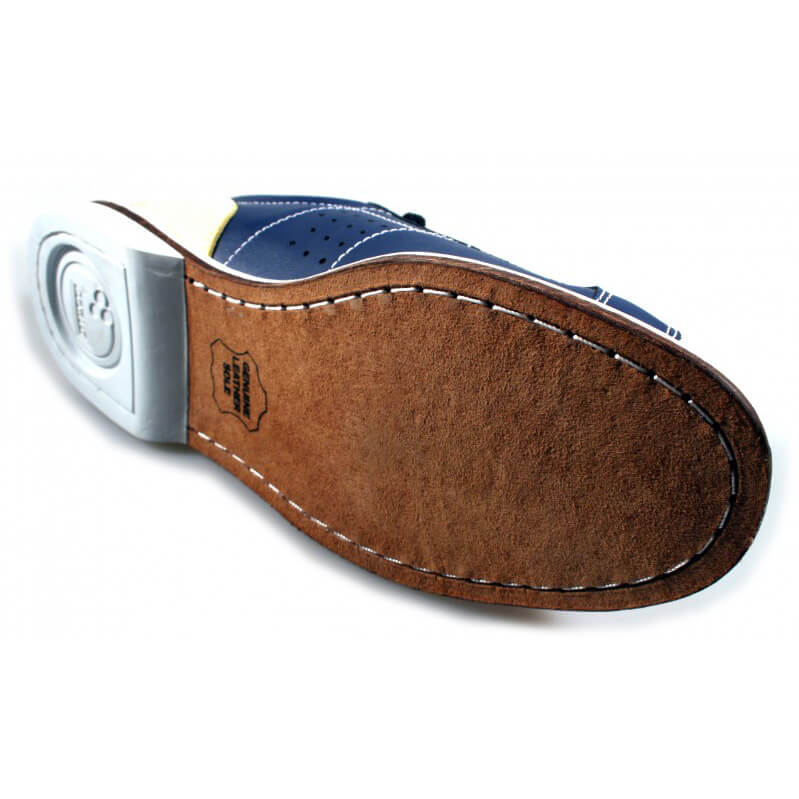 Suela de cuero de un zapato de bowling de alquiler BOWLIO azul marino y beige