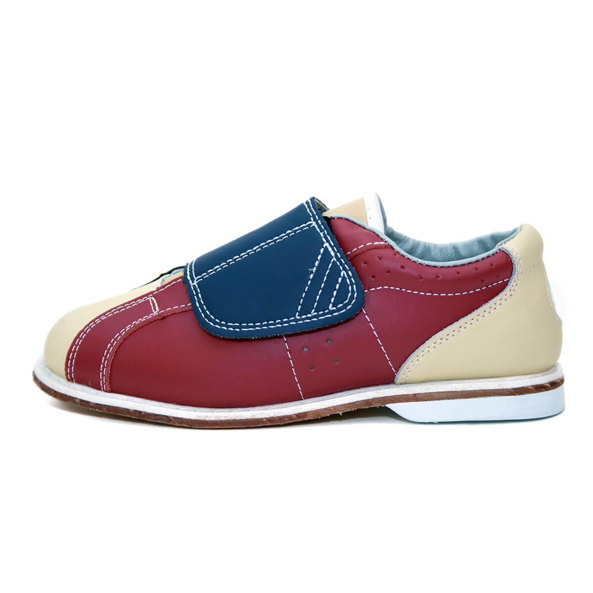 Zapato de bowling de alquiler BOWLIO rojo y beige con tira adherente, vista lateral