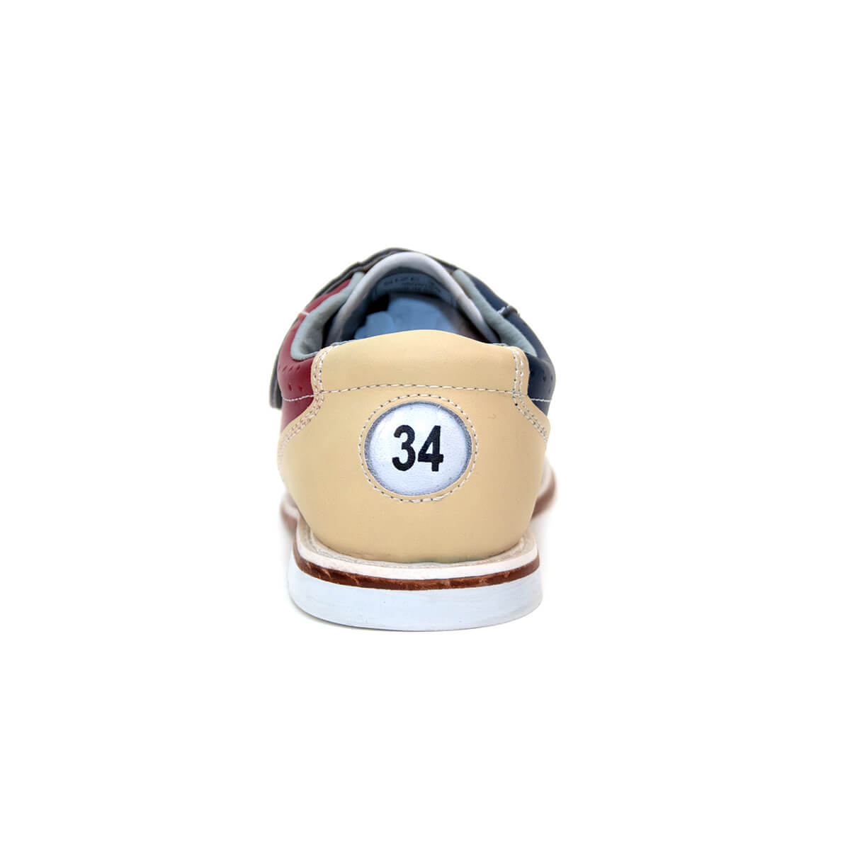 Talón de un zapato de bowling de alquiler BOWLIO con la talla 34 marcada