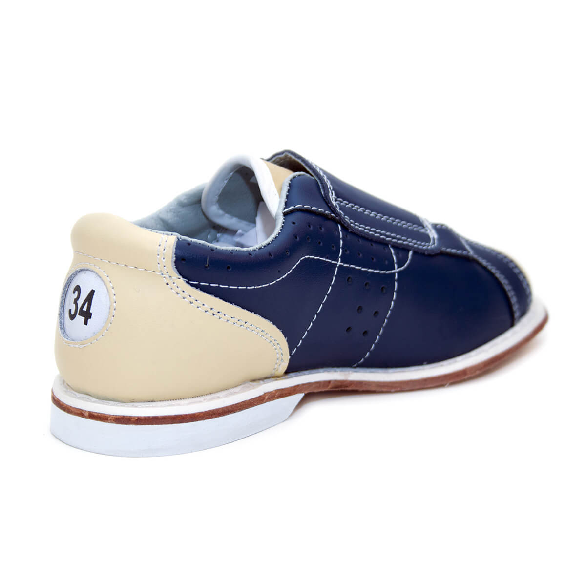 Zapato de bowling de alquiler BOWLIO azul marino y beige con la talla marcada en el talón